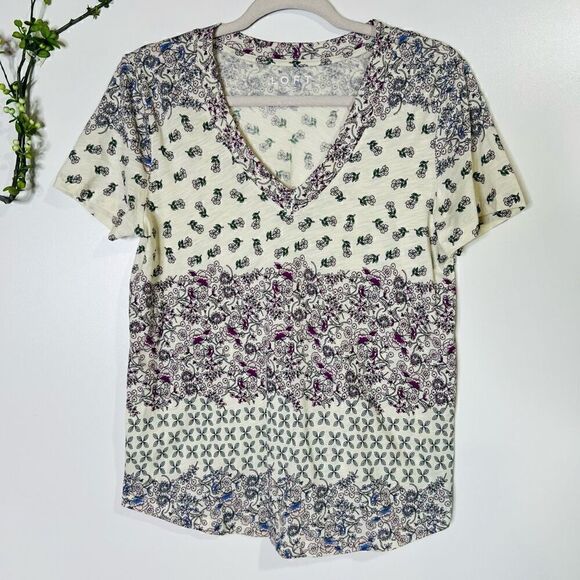 LOFT Floral V-neck Cotton Tee Shirt - Picture 1 of 8